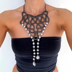 Large Statement Silver Mesh & Clear Rhinestone Bib Necklace
